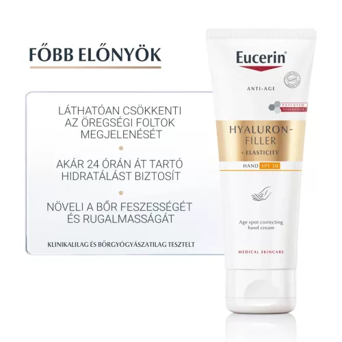 EUCERIN Hyaluron-Filler + Elasticity pigmentfolt halványító és bőrfiatalító kézkrém FF30 (75ml)